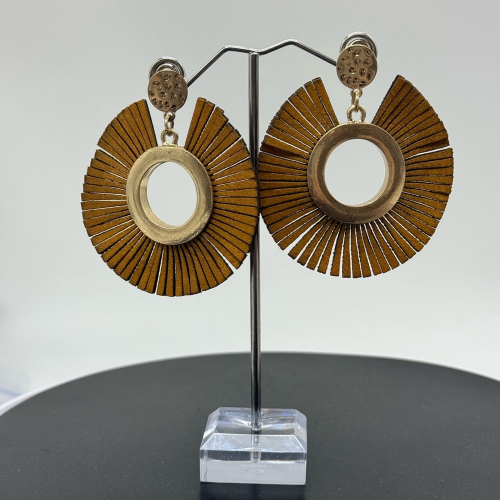INC Leather Fringe BOHO Circle Gold Tone Post Earrings